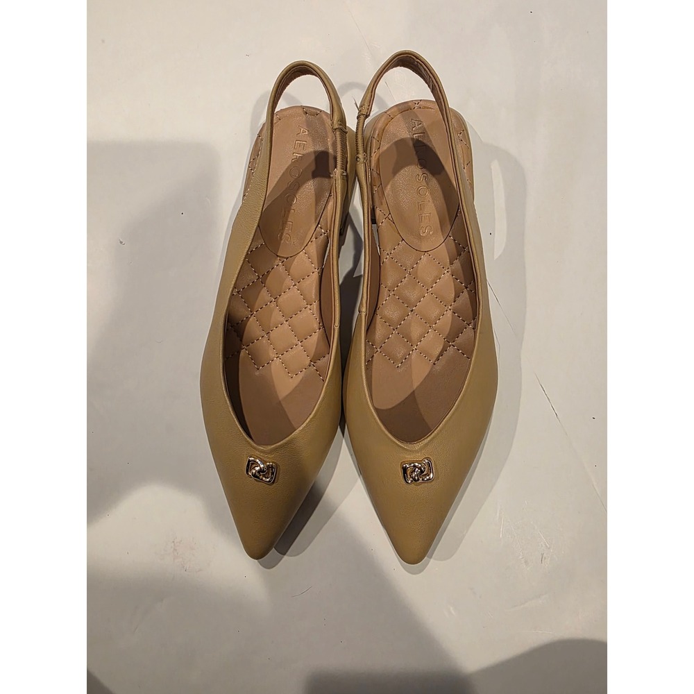 Aerosoles Nayana Tan Leather Slingback Flats Pointed Toe Quilted Gold Detail 6M